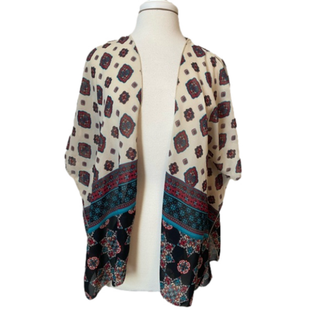 Live 4 Truth Cream & Black Printed Open Front Kimono Cardigan